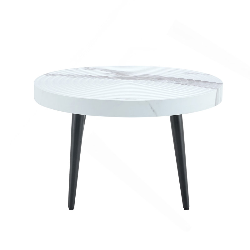 Elegant White Marble Pattern Round Coffee Table, 23.6 Inch Diameter with Exquisite Suction Molding & Black Sprayed Metal Legs