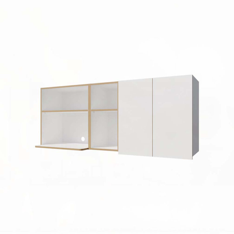 Armoire de cuisine en chêne naturel et blanc avec espace pour micro-ondes et tablette ouverte