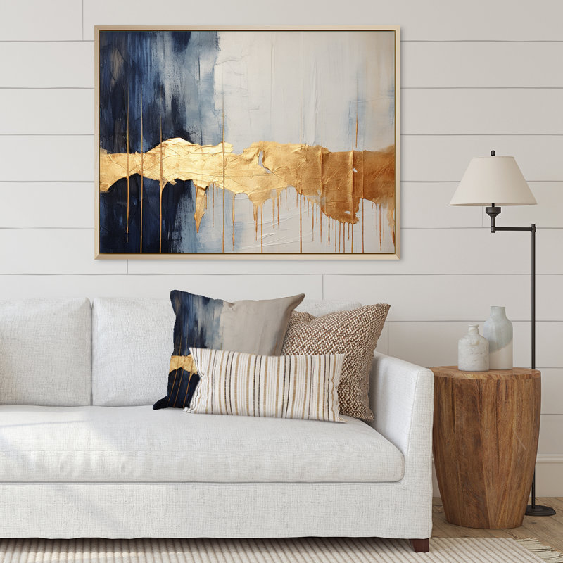 Waves Of Joy Minimal Nova - bleu et or I - peinture abstraite, art mural, H 30 po x l 40 po x P 1,5 po
