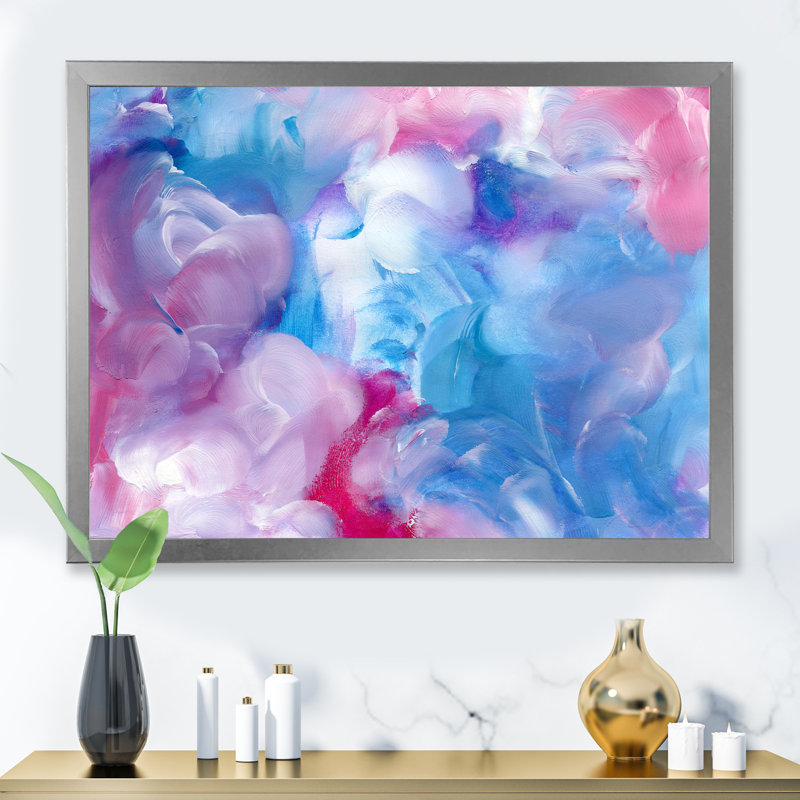 Nuage abstrait bleu et rouge - Peinture sur toile, H 12 po x l 20 po, Toile argentée avec cadre d'angle fermé
