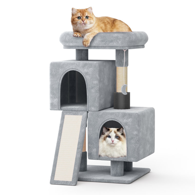 Duan 34" Cat Tree, Kitten Tower Condo Cat House with Scratching Post, Toy Ball, Ramp and Perch Bed, Light Gray