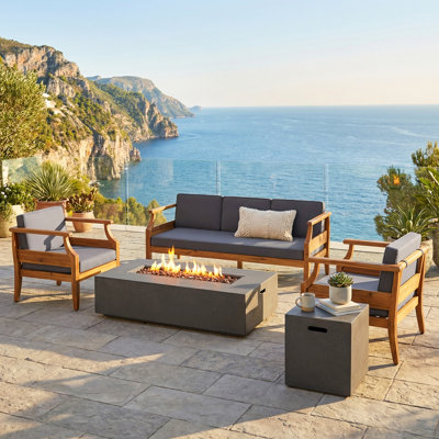 Mcclurg Mid-Century Modern Acacia Wood Outdoor Conversation Set With Water-Repellent Cushions