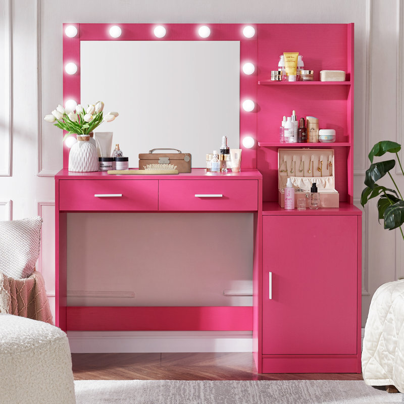 Dumt Vanity Desk with Mirror and Lights, Dressing Table with 2 Large Drawer&Large Vertical Organizer, 3 Level Dresser & 3 Lighting Modes Adjustable Brightness