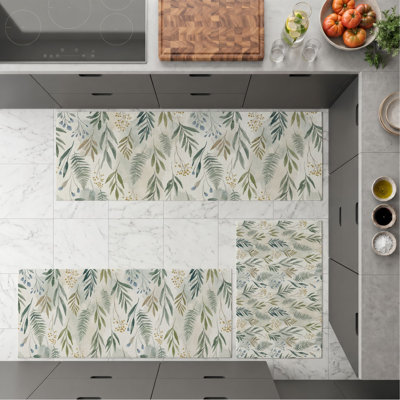 Floral Pattern Non-Slip Washable Kitchen Mats (Set of 3)