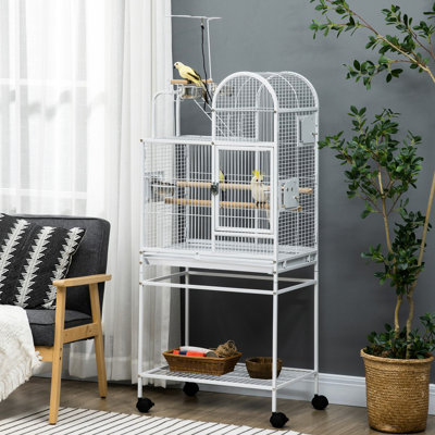 Grande volière d'oiseaux 55 po, acier blanc, crochets, perchoirs, gobelets, support roulant pour perroquets