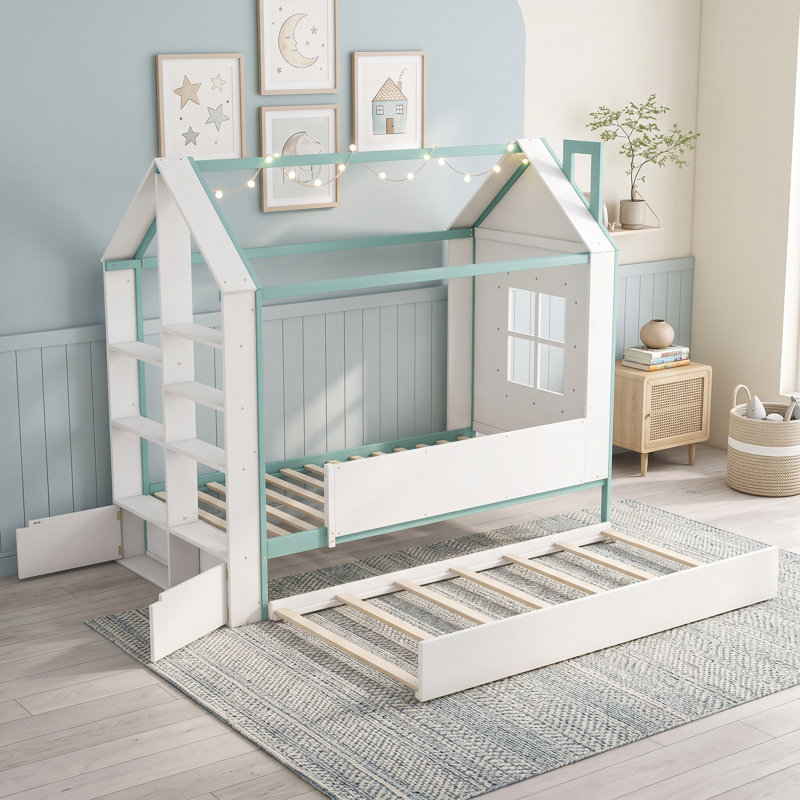 Lit en bois avec bande lumineuse, lit gigogne et lattes, Lit simple, Bleu blanchi