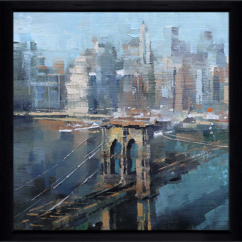 Pont de Brooklyn I par Mark Lague - Peinture, Cadre noir, H 31,5 po x l 31,5 po x P 1 po