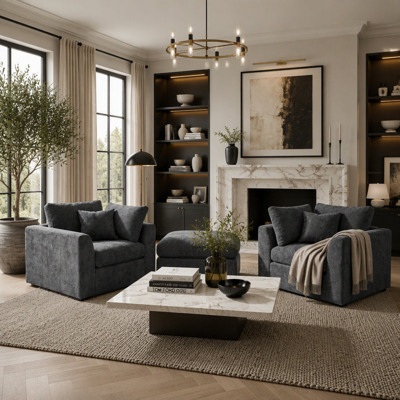 Ensemble de chaises d'appoint 3 pièces, 2 fauteuils rembourrés en chenille avec repose-pieds mobile, ensemble de chaises longues avec cadre en bois massif, comprend 2 coussins décoratifs, ensemble de mobilier de salon moderne