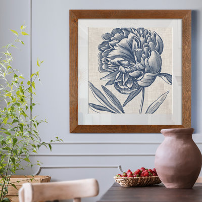 Indigo floral sur lin II - reproduction encadrée de qualité supérieure - prêt à accrocher - impression encadrée
