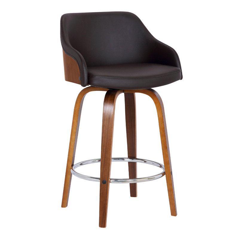Aiken Mid-century Modern Swivel Counter or Bar Height Bar Stool in Faux Leather and Wood, Brown, Walnut, 76cm