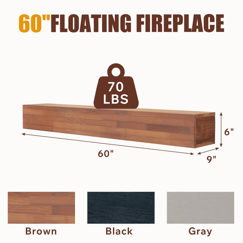 60" Solid Wood Fireplace Mantel, Floating Shelves, 60", Brown