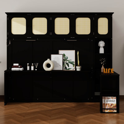 Wood Murphy Bed with Desk and Rattan Cabinets, Space-Saving Wall Bed for Home Office