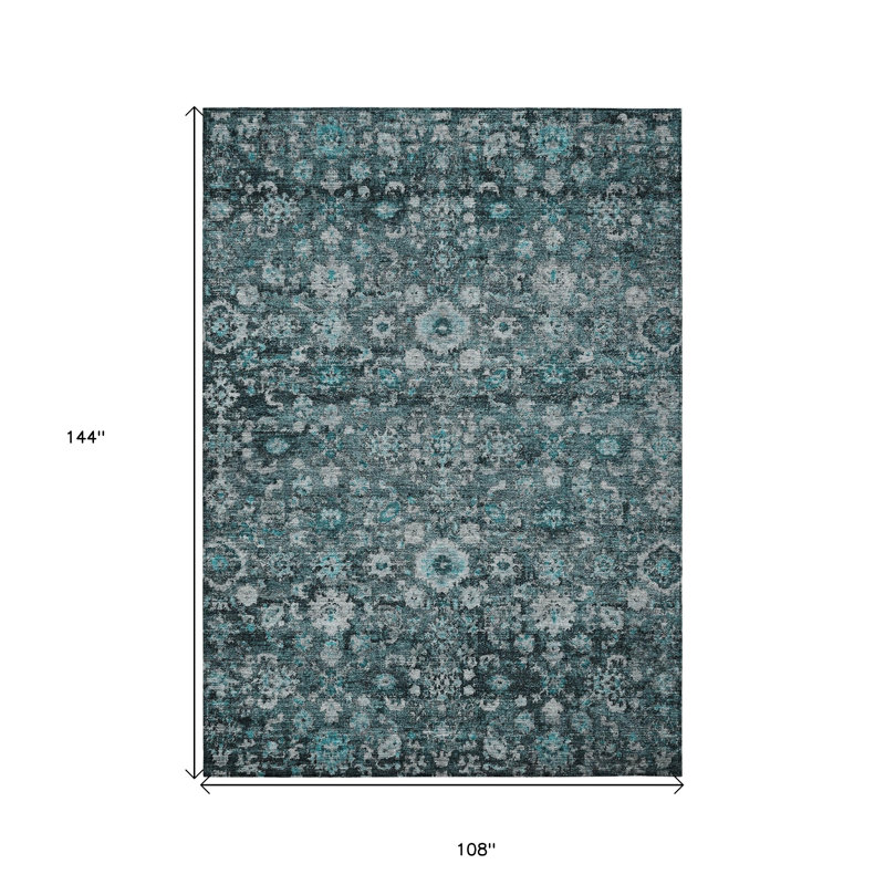 Tapis extérieur lavable vert foncé de 9 pi x 12 pi turquoise et charbon oriental