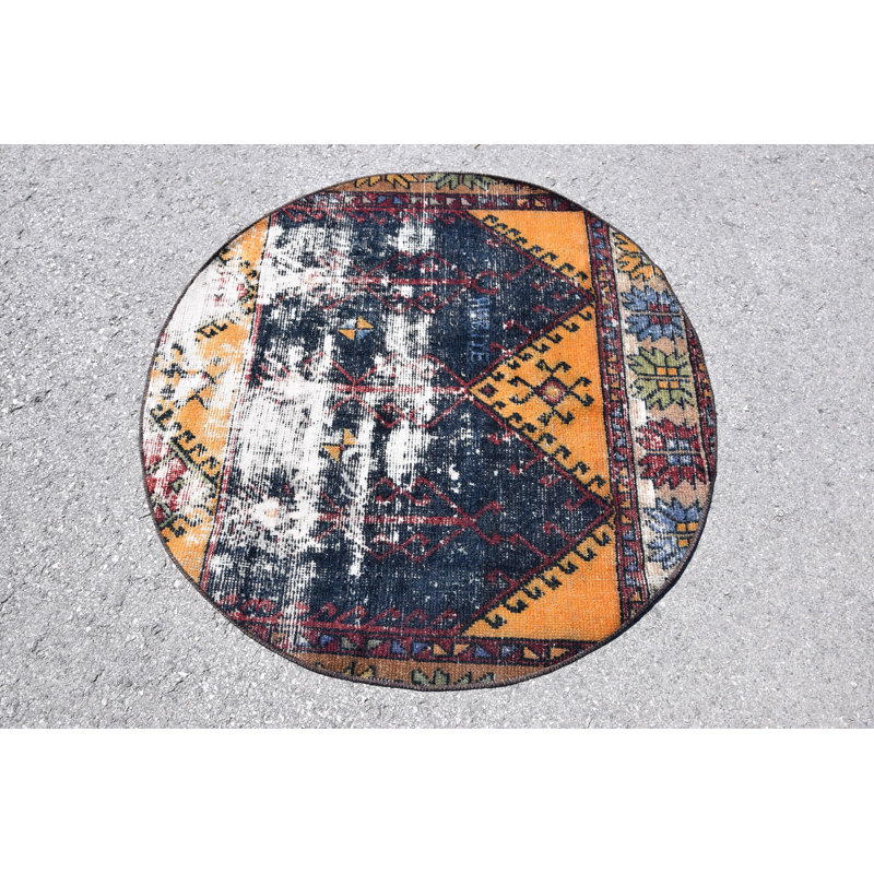 Petit tapis rond turc bleu antique tissé à la main, idéal pour les tapis de chambre à coucher ou de porte
