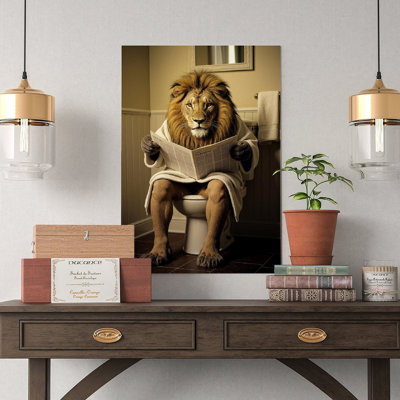 Canvas Wall Art Funny Lion Bathroom Art,Newspaper Toilet Canvas Print-1 Vintage Poster Print Home Decor
