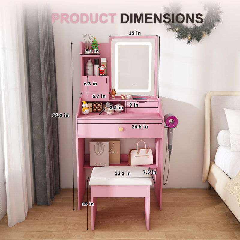 3-Color LED Vanity Mirror with Stool, Dressing Table for Bedroom, 2 Drawers & 5 Storage Cabinets, Adjustable Lighting, Pink
