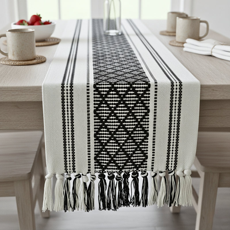 Boho Cotton Woven Table Runner With Tassels, 48" x 14", Black/Cream