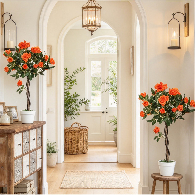 Set of 2 Faux Rose Tree in Pots, Artificial Floral Arrangement for Garden & Living Space Decor
