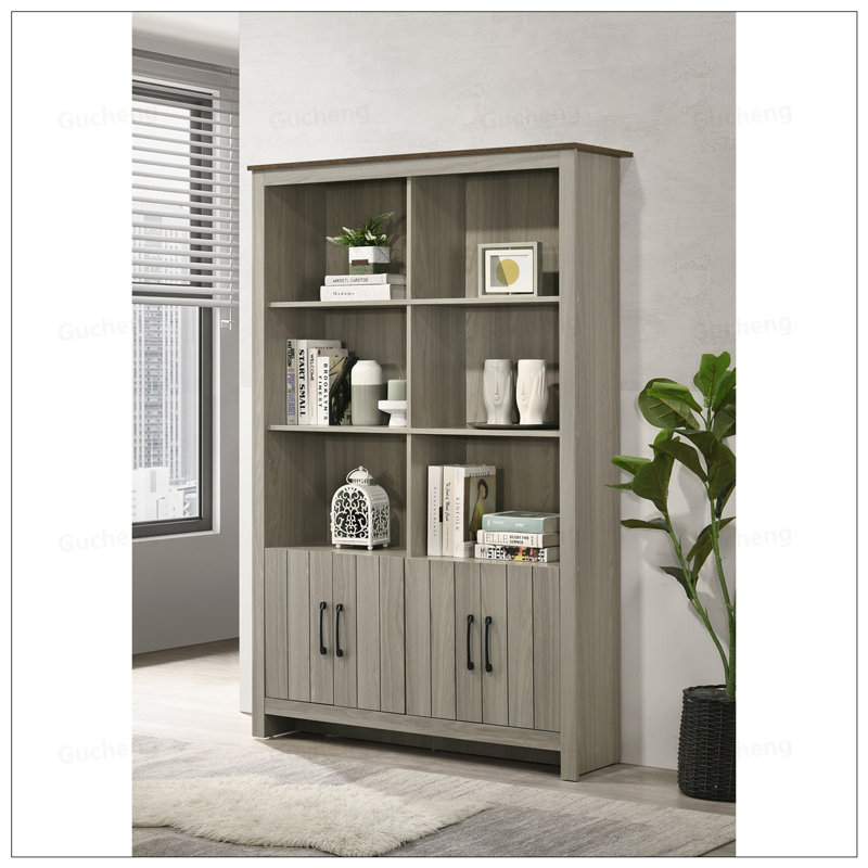 Bibliothèque en chêne gris avec portes d'armoire et tablettes spacieuses, parfaite pour le rangement organisé et la présentation élégante.