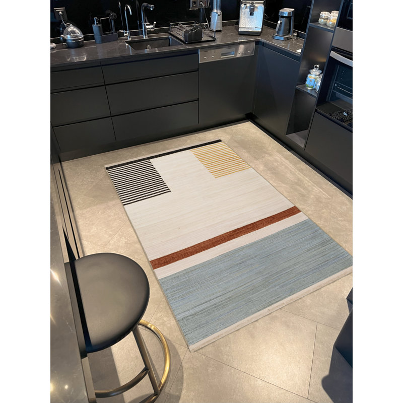 Tapis bleu / beige / brun en polypropylène tissé à la machine Ajoloko, Tapis de couloir 2 pi 7 po x 7 pi 10 po