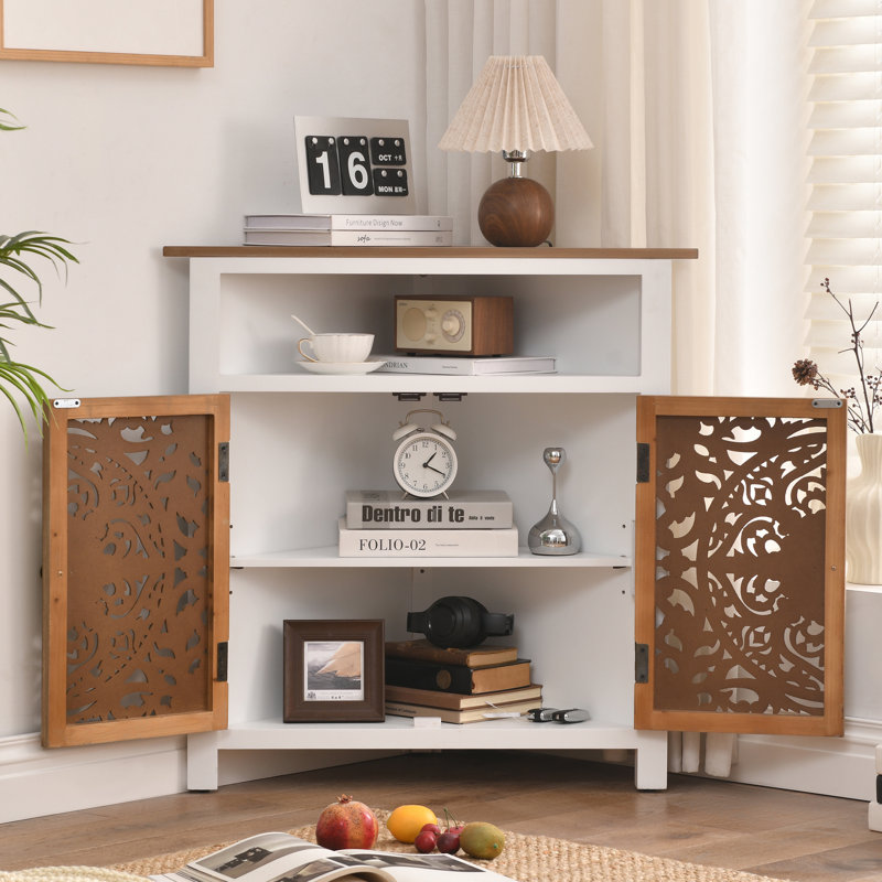 2-Door Farmhouse Corner Cabinet With Hand-Carved Detailing, Storage Shelf, Rustic White And Natural Wood
