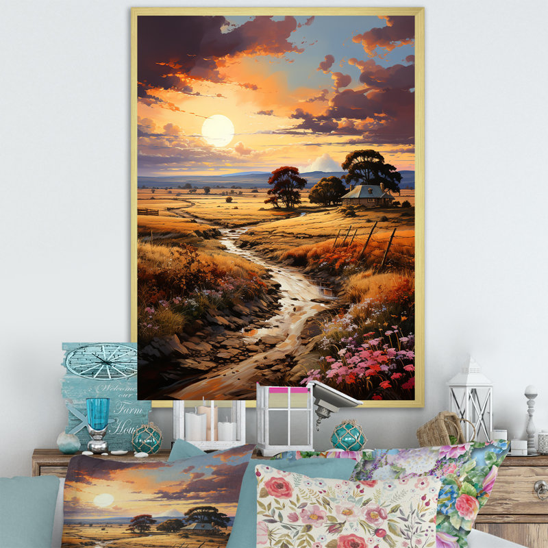 «Sunset Countryside Farm Bliss», reproduction sur toile, H 20 po x l 12 po x P 1 po, Cadre doré simple