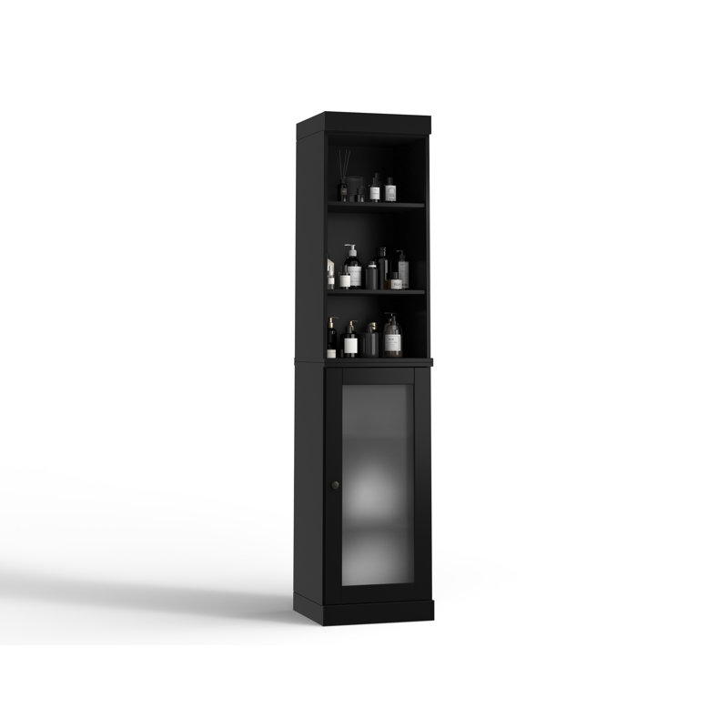 Armoire de rangement 100% bois massif 16,5 po avec portes en verre givré et tablettes réglables, Noir