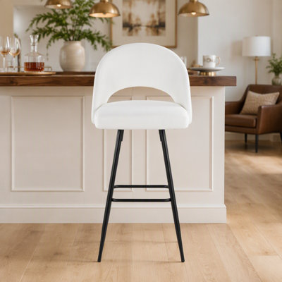 Fixed-Height Barstool In Black Metal And White Faux Leather With Square Footrest - Set Of 2