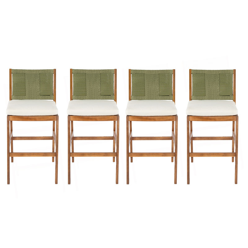 4 pièces Tabouret de bar d'extérieur vert en bois d'acacia massif et osier tissé Arly, Green