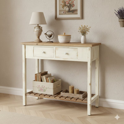Distressed Finish Two-Drawer Console Table With Open Lower Shelf For Entryway Or Living Room, Vintage Style