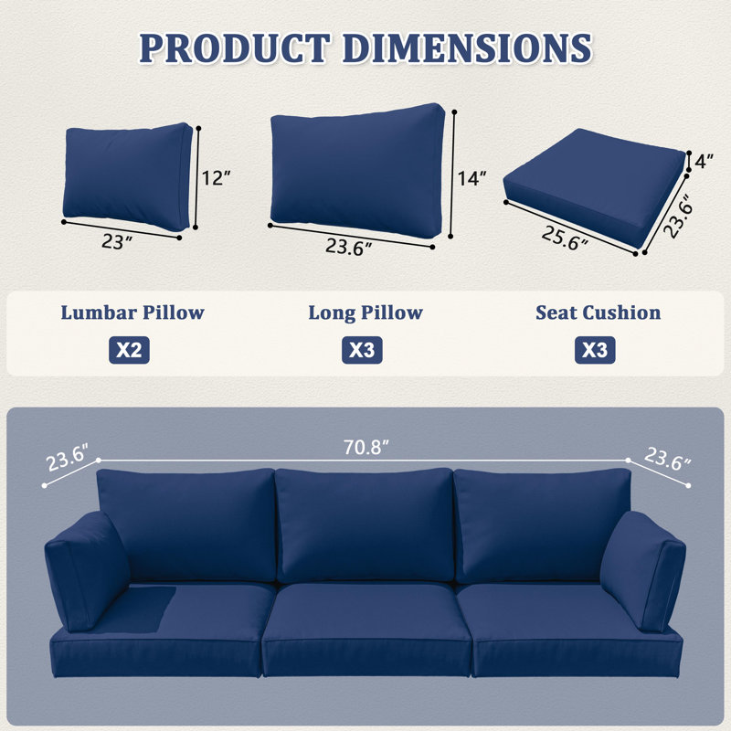 Outdoor Cushions Replacement Patio Cushions Set For 3 Seats, Blue