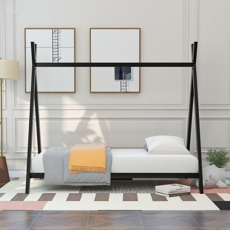 Lit de maison en métal avec lit pour enfant, Noir