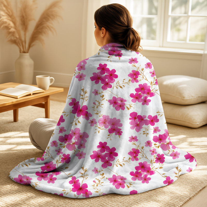 Fuschia Whisper I - couverture en molleton rose floral, jeté chaud rétro, Pink/White Floral 1