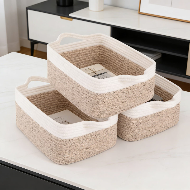 3-Pack Woven Cotton Rope Storage Baskets With Handles, Foldable Rectangular Organizer Bins For Shelves, Closet, And Toy Storage