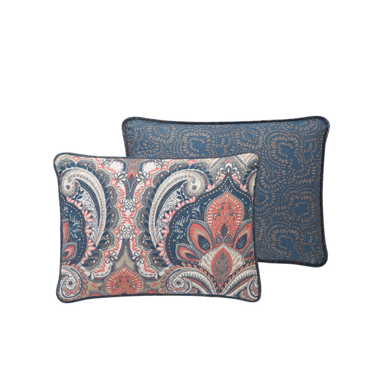Coral and Blue Reversible Microfiber King Quilt Set