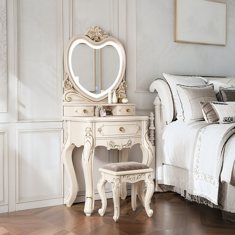 Meuble-lavabo compact luxueux en bois massif 23,62 po avec miroir en forme de cœur