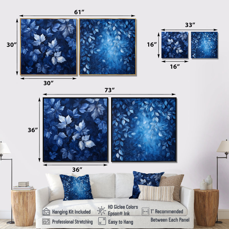 Feuilles de lune au clair de lune I - art mural feuilles - ensemble de 2 décorations murales traditionnelles