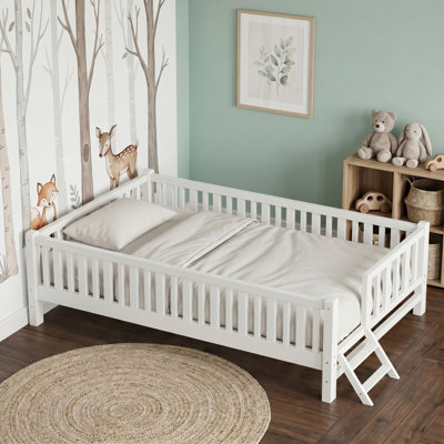 Twin Platform Bed with Surround Guardrails and Sturdy Slats