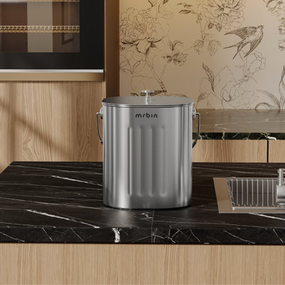 MRBIN Stainless Steel Kitchen Compost Bin Countertop Trash Can with Lid and Charcoal Filter, Metal Small Indoor Rubbish Dustbin for Food Waste Recycle