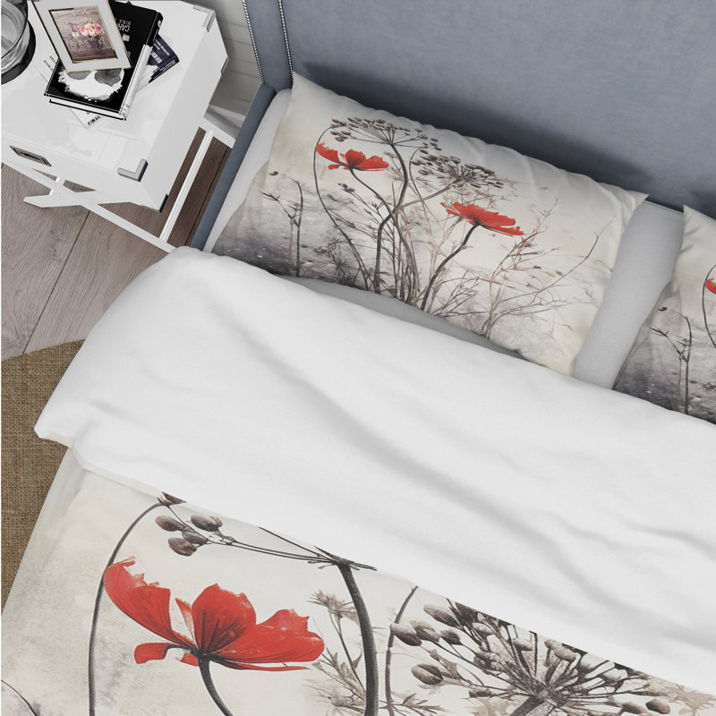 Ensemble de housse de couette floral Red Grey Herb Garden I, Housse de couette très grand et 2 très grandes t