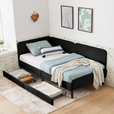 Twin Size Upholstered Daybed With Trundle,USB Port ,Side Pockets,Velvet Daybed With Button On Back And Piping On Waved Shape Arms For Bedroom Guest Room