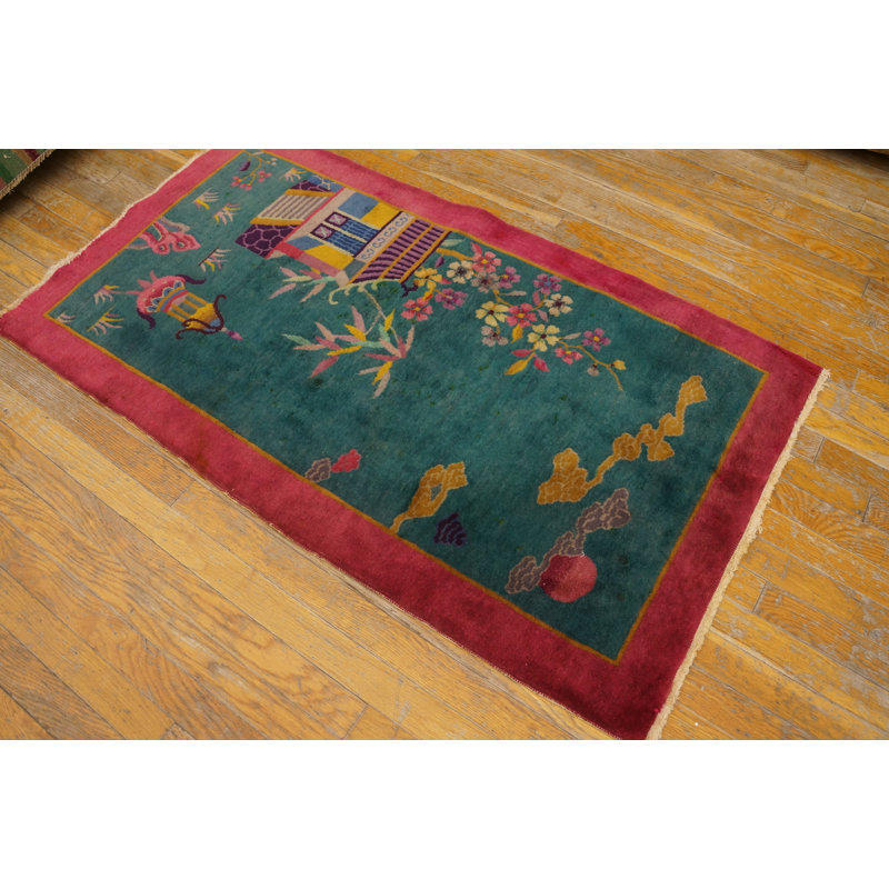 Green Antique Wool Floral Hand Knotted Pile 1920s Rectangle Rug