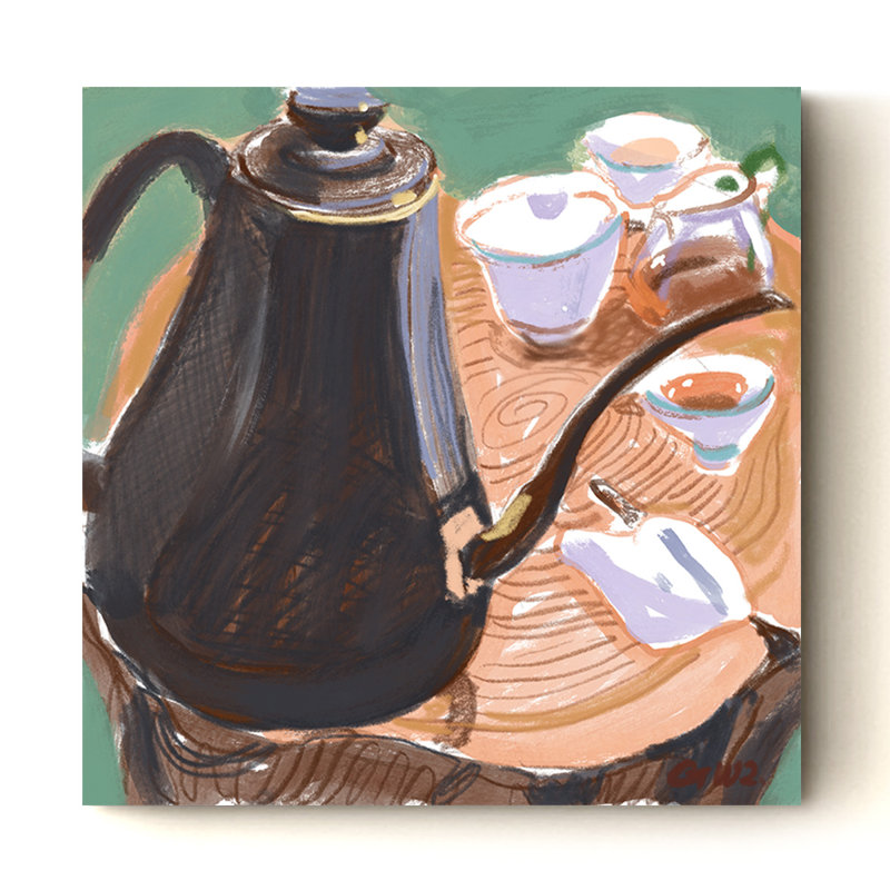 «Rustic Kettle and Teacups», reproduction d'art sur toile tendue, 16" H x 16" W