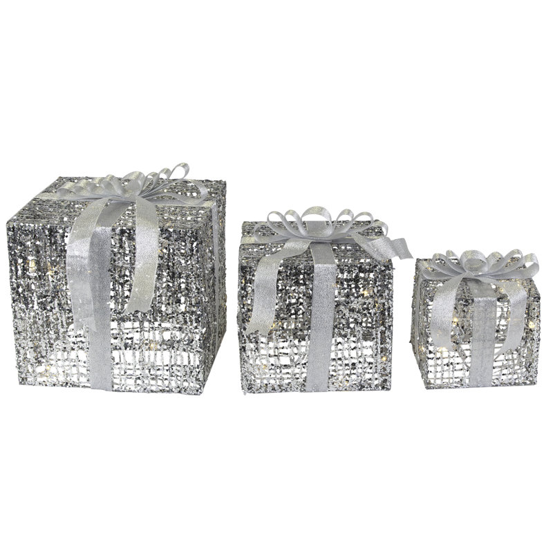 Ensemble de 3 boîtes-cadeaux lumineuses à DEL à fil scintillant argenté pour l'extérieur