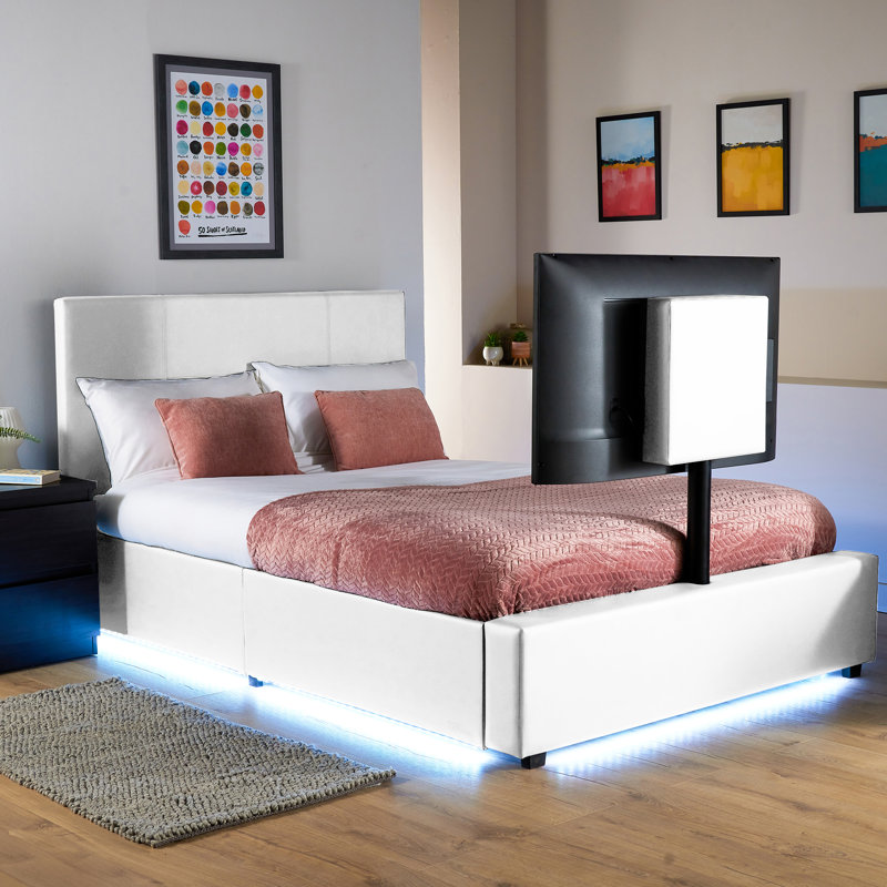 XR Living Ava Upholstered TV Bed with LED Lighting, Double (4'6), White