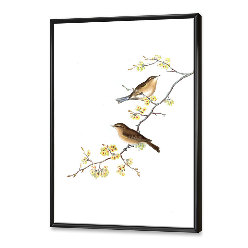 «Little Birds On The Tree Branches II», peinture sur toile, H 32 po x l 24 po x P 1 po, Cadre flottant noir
