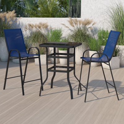 Advika 3 Piece Outdoor Bar Height Set with Glass Patio Bar Table and All-Weather Barstools