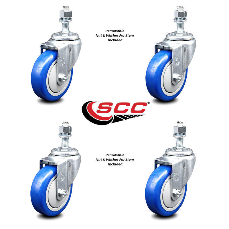 4 Inch_Polyurethane Wheel Swivel 12mm Threaded Stem Caster Set SCC, Blue