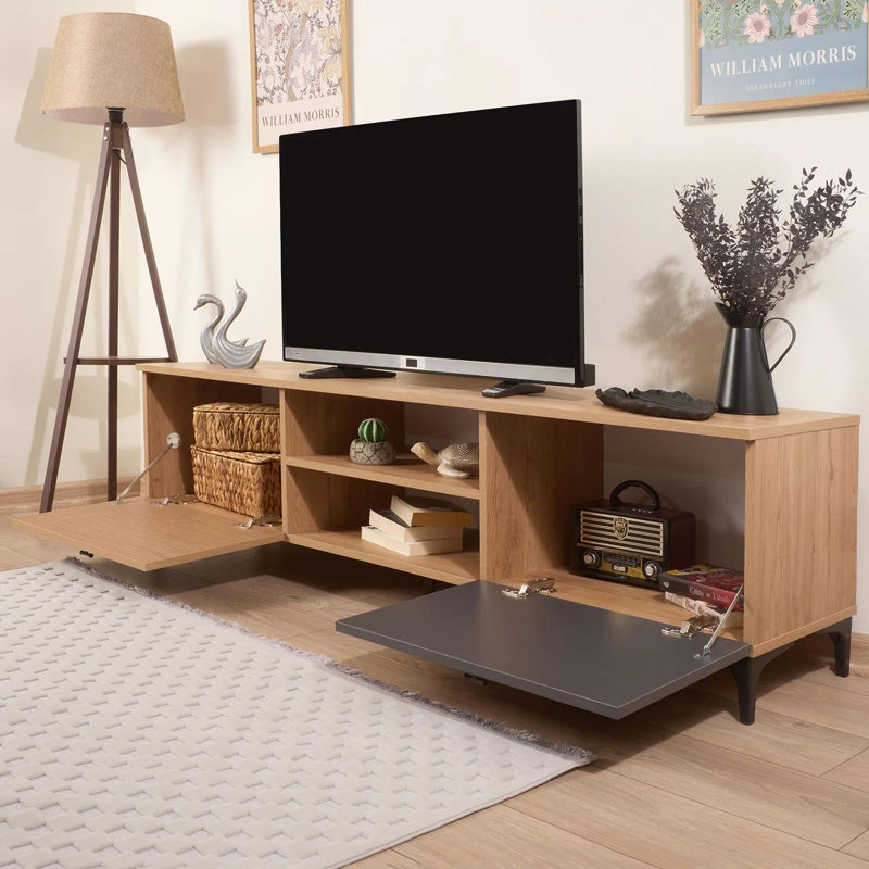 Meuble télé moderne, chêne et anthracite, 70,9 po x 19,7 po x 15 po | Panneau de particules 100% mélaminé, épaisseur: 0,7 pouce | Bandes de chant en PVC durable, design élégant et fonctionnel pour le salon, assemblage facile