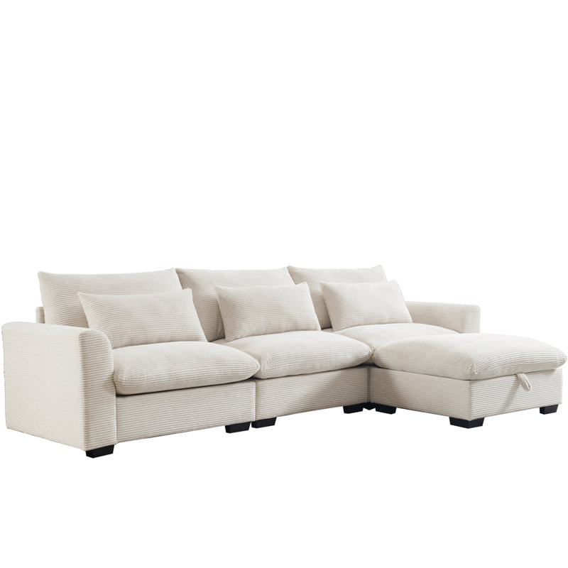 Sectional Sofa L Shaped Couch with Storage Footstool and 3 Pillow, Beige Corduroy, 34.6" H x 122" W x 33.8" D
